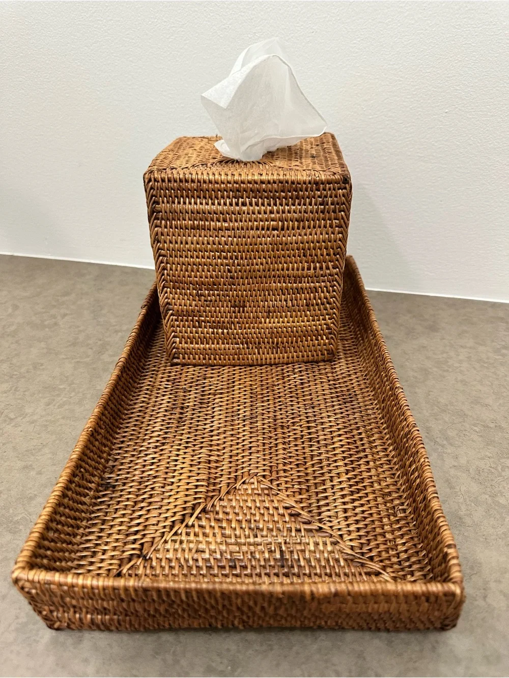 Woven Rattan Tissue Box Holder Cover & Tray Set - Natural Earthy Brown Classy